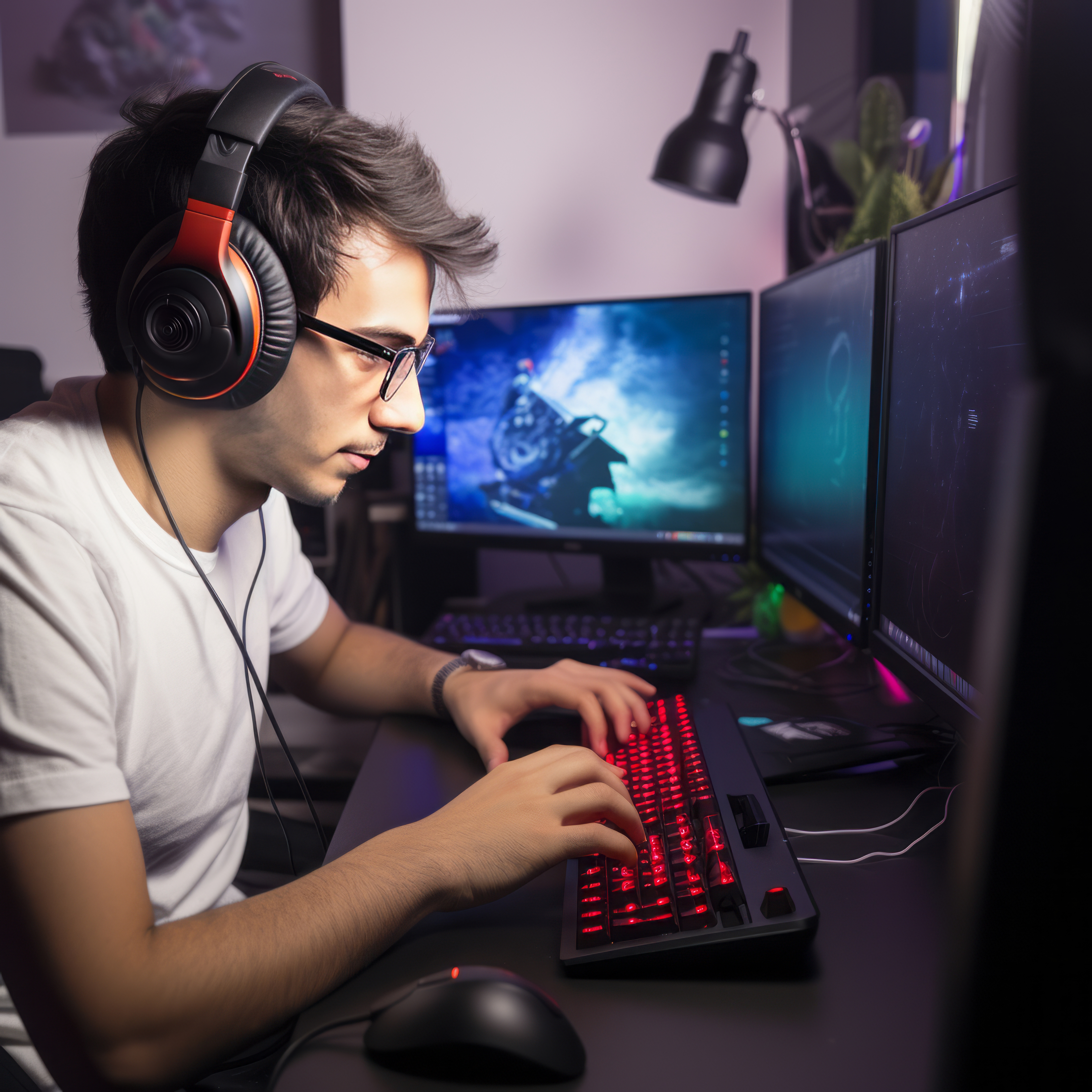 Cyberpunk gamer workspace with personal computer and gaming accessories. 3D Rendering